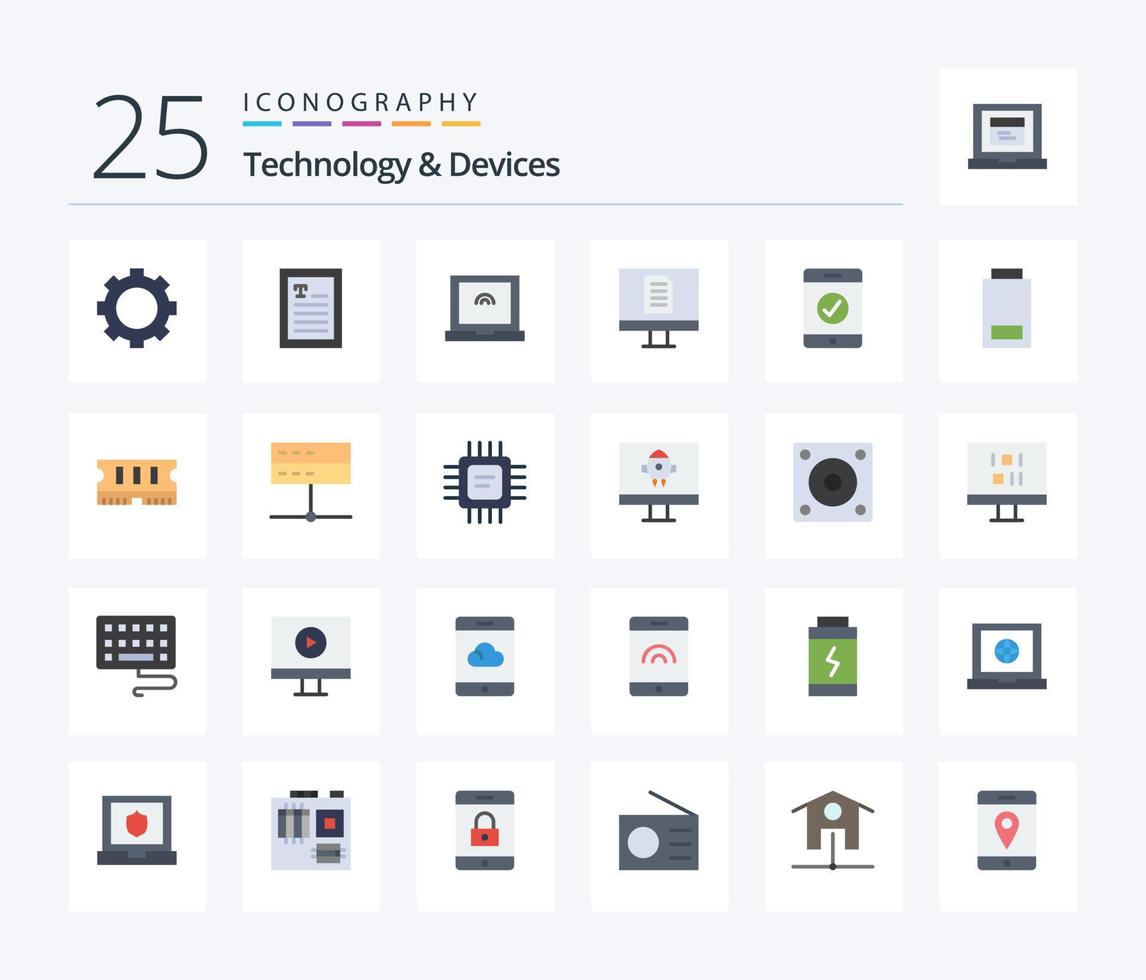 Devices 25 Flat Color icon pack including status. devices. touch. battery. complete vector