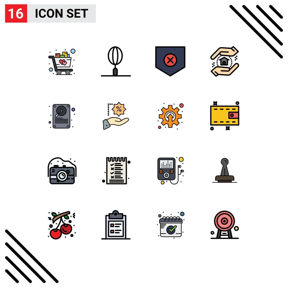 16 Universal Flat Color Filled Lines Set for Web and Mobile Applications hardware data protect school appraisal Editable Creative Vector Design Elements