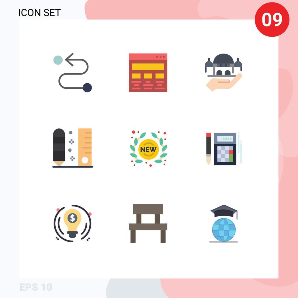 9 Thematic Vector Flat Colors and Editable Symbols of label ruler mosque pencil drafting Editable Vector Design Elements