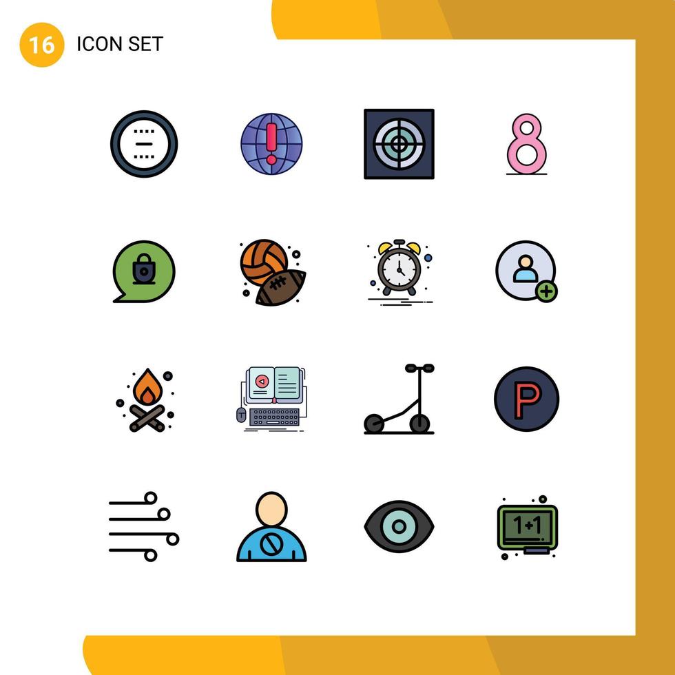 Set of 16 Commercial Flat Color Filled Lines pack for locked chat world eight Editable Creative Vector Design Elements