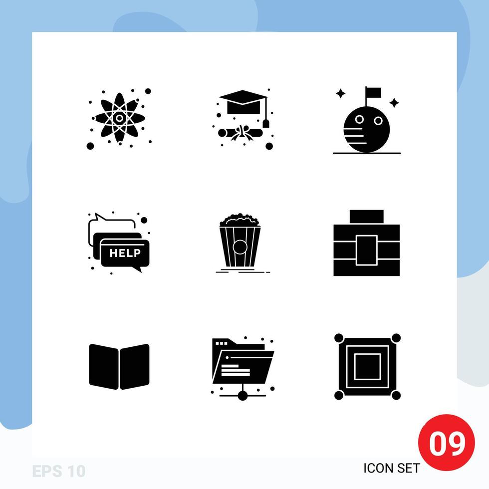 9 Thematic Vector Solid Glyphs and Editable Symbols of briefcase movie space theater message Editable Vector Design Elements
