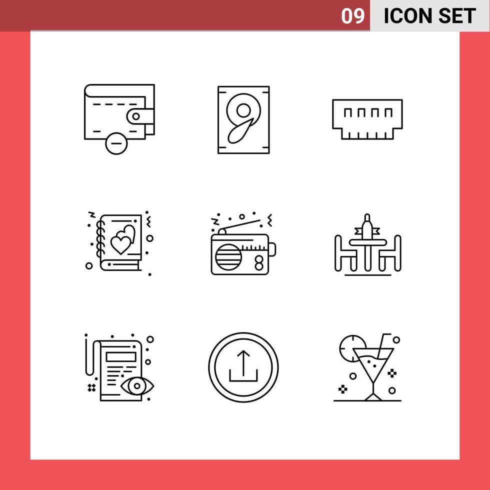 Mobile Interface Outline Set of 9 Pictograms of device radio gadget story love Editable Vector Design Elements