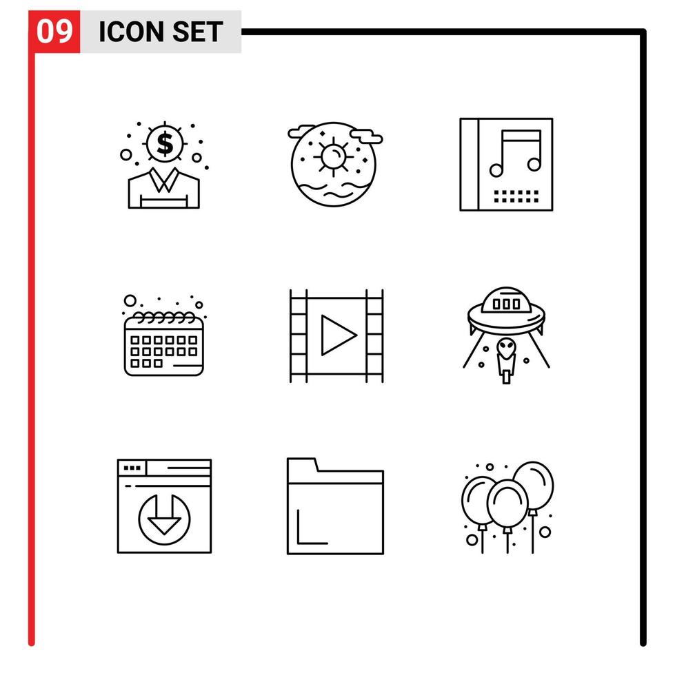 esquema de interfaz móvil conjunto de 9 pictogramas de medios multimedia sol programar cita elementos de diseño vectorial editables vector