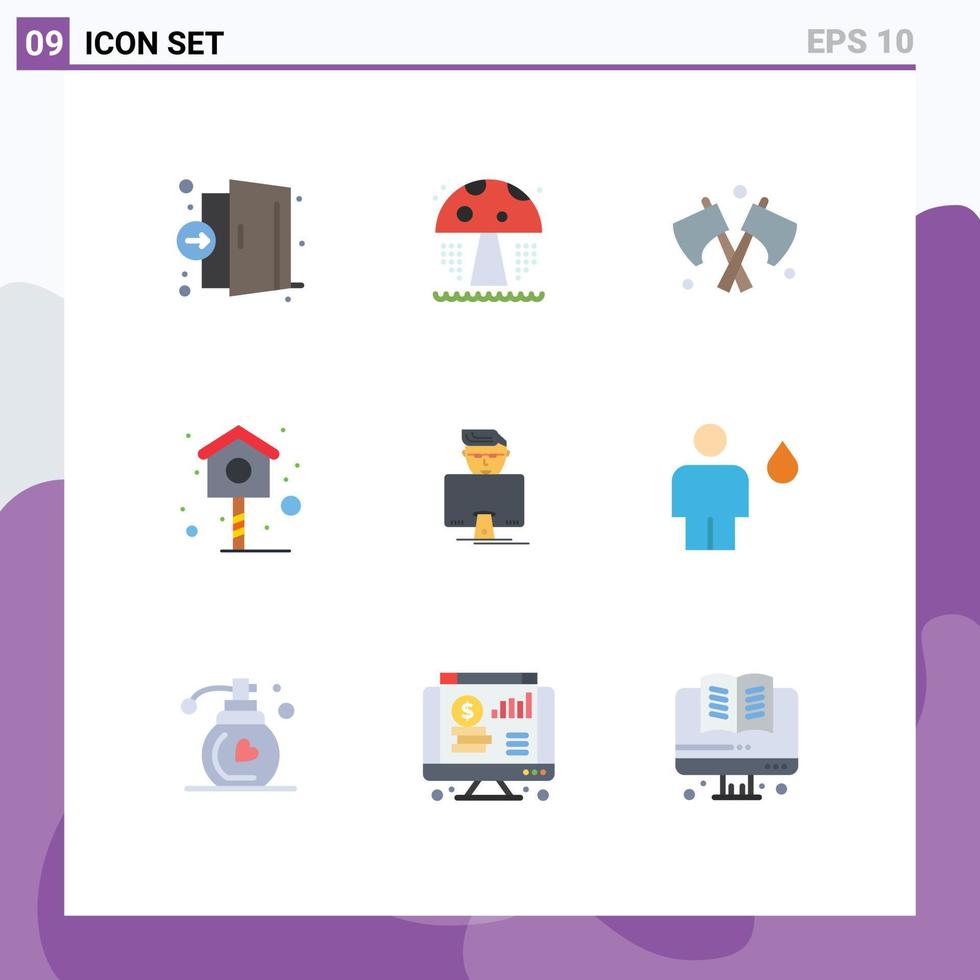 Pack of 9 Modern Flat Colors Signs and Symbols for Web Print Media such as programmer user axe hacker house Editable Vector Design Elements