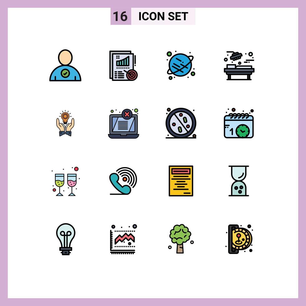 16 Universal Flat Color Filled Line Signs Symbols of hand bulb saturn solution room Editable Creative Vector Design Elements