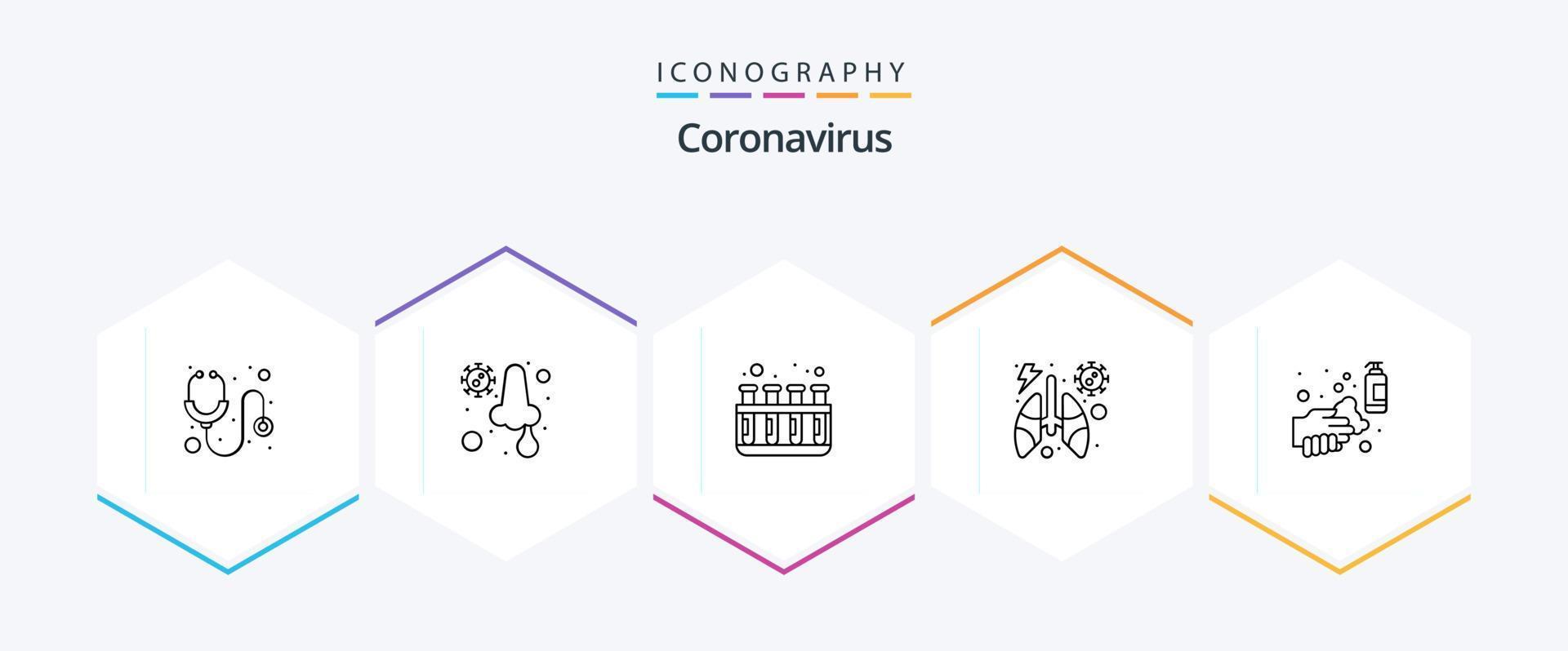 paquete de iconos de 25 líneas de coronavirus que incluye manos. alcohol. prueba de laboratorio. pulmones. infectado vector