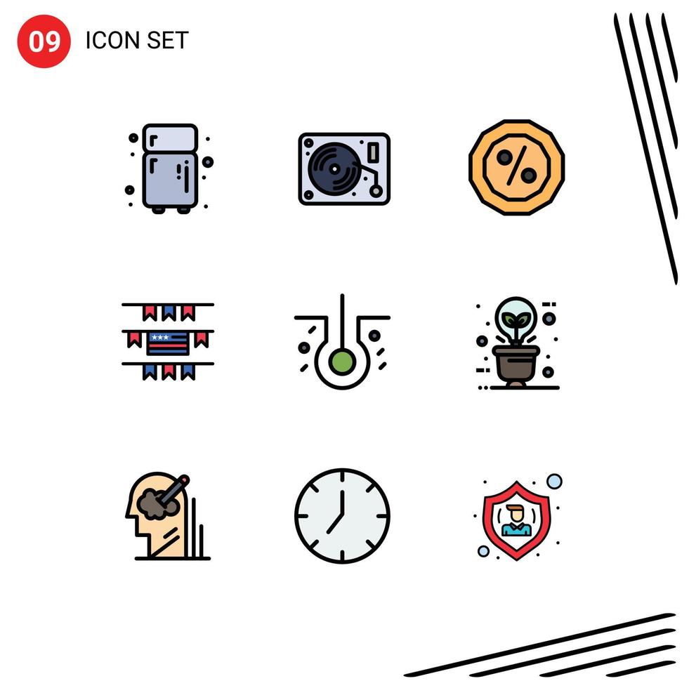 9 User Interface Filledline Flat Color Pack of modern Signs and Symbols of bulb sick hair money hair biology american Editable Vector Design Elements