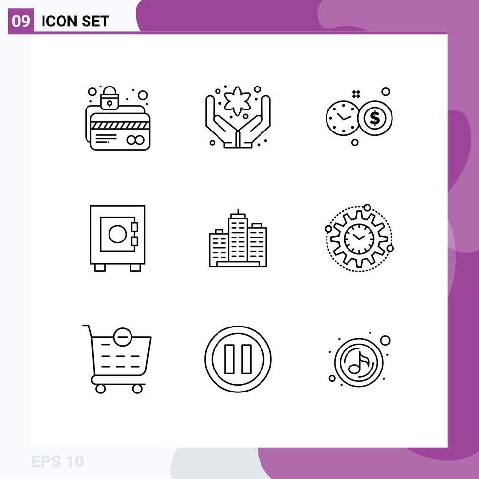 User Interface Pack of 9 Basic Outlines of estate architecture clock building lock Editable Vector Design Elements