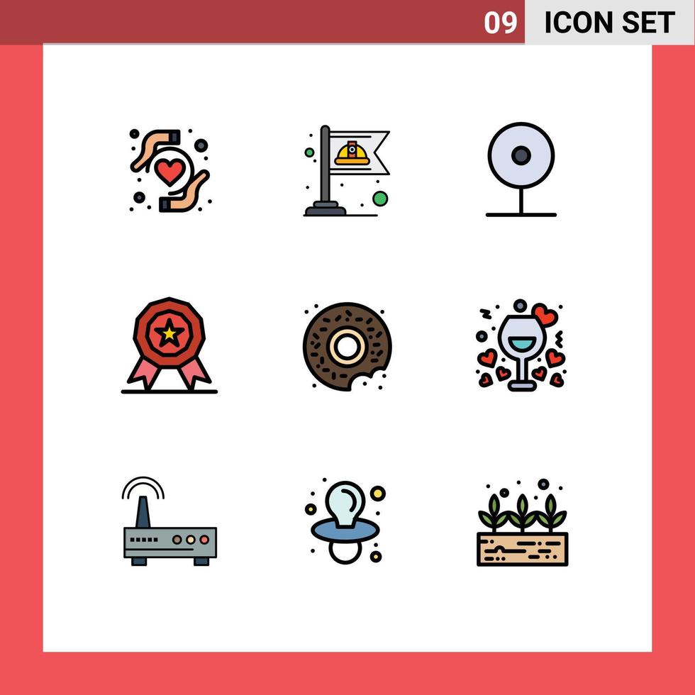 Modern Set of 9 Filledline Flat Colors and symbols such as sweets donut cctv reward award Editable Vector Design Elements