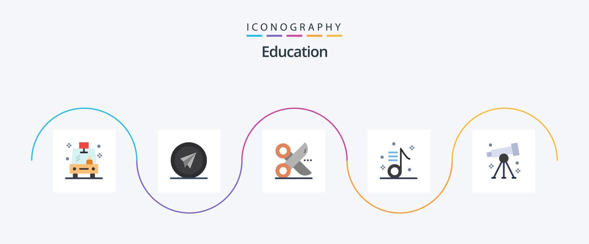 paquete de iconos de educación plana 5 que incluye nota. música. avion de papel. audio. cortar con tijeras vector