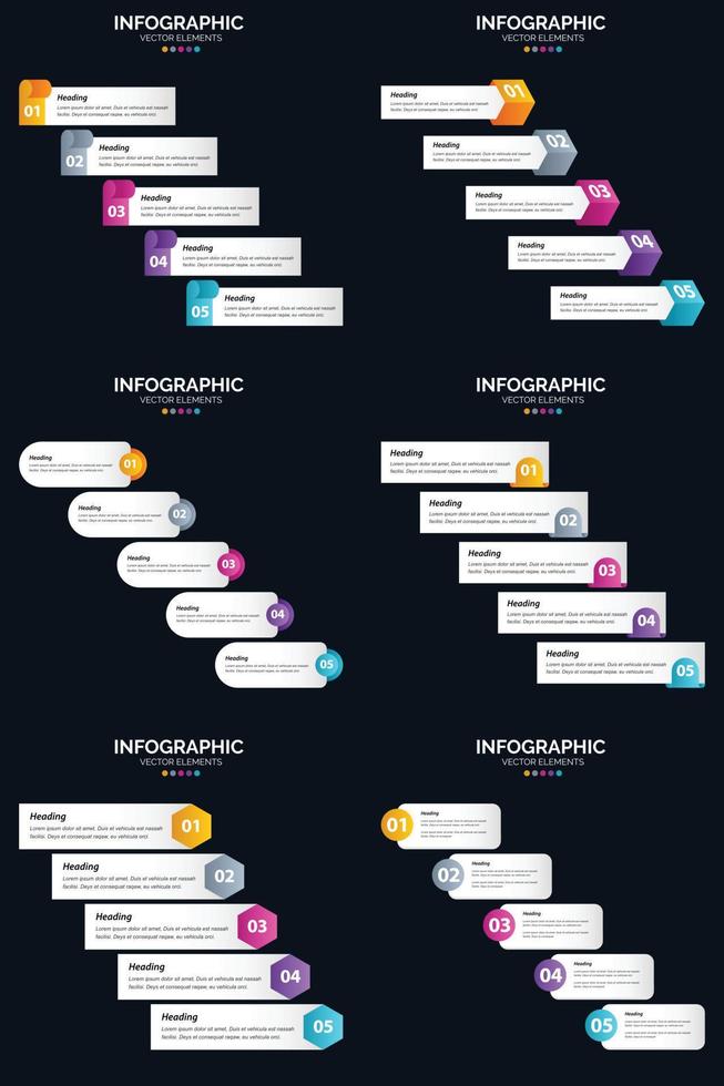 Vector 6 Infographics Pack Presentation slide template 5 Steps cycle diagrams and timelines