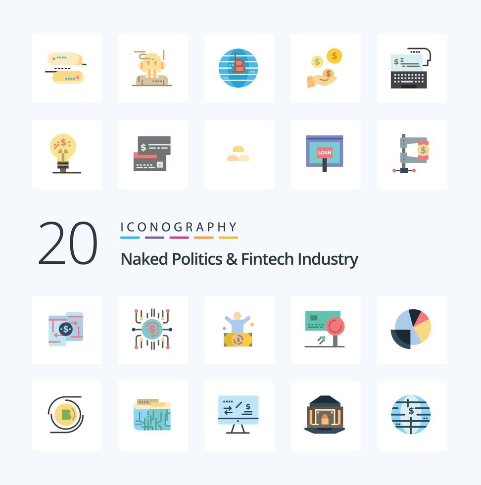 20 Naked Politics And Fintech Industry Flat Color icon Pack like card analysis crowdselling rich millionaire vector