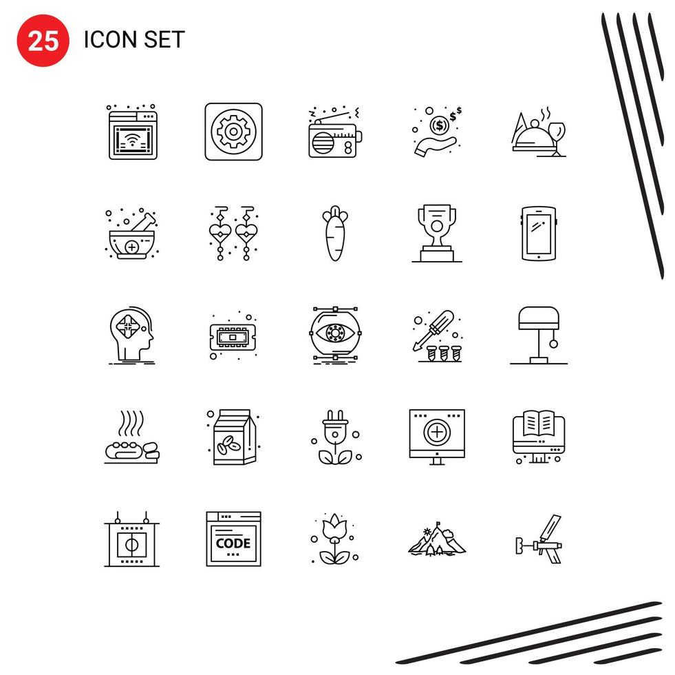 Pack of 25 creative Lines of cash income tool hand technology Editable Vector Design Elements