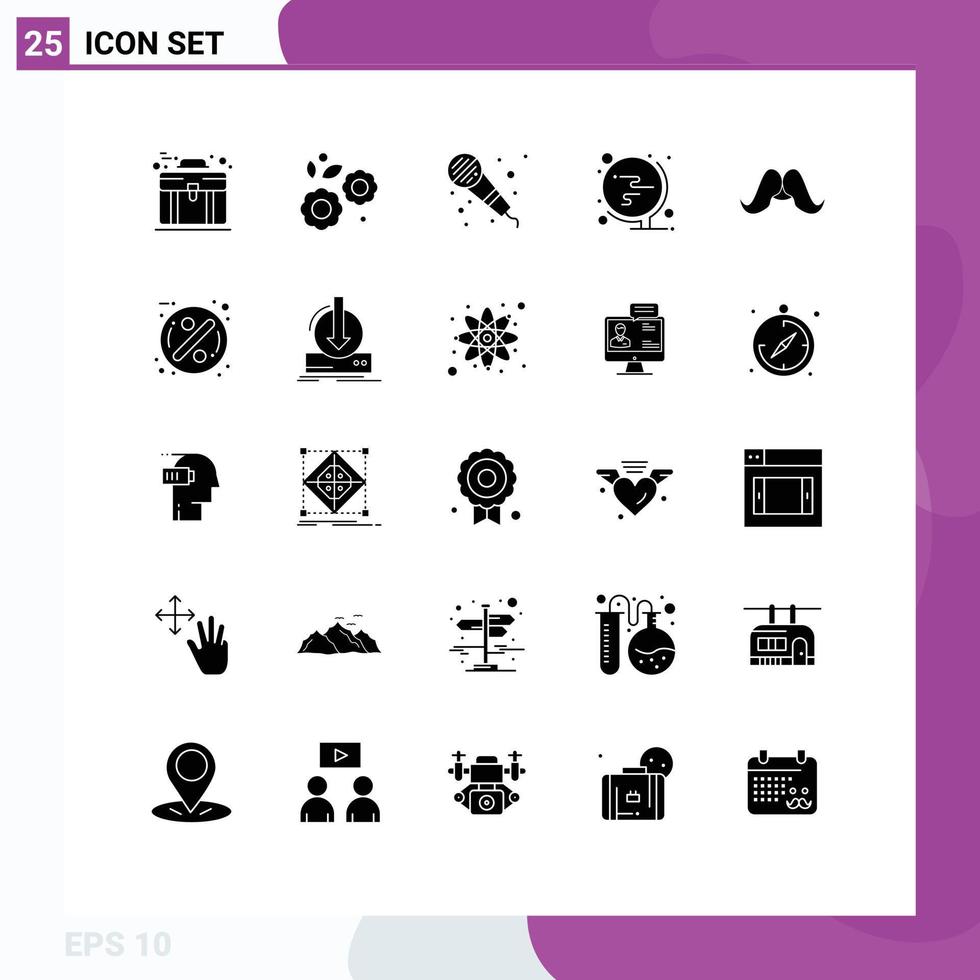 Group of 25 Solid Glyphs Signs and Symbols for movember moustache audio office world Editable Vector Design Elements