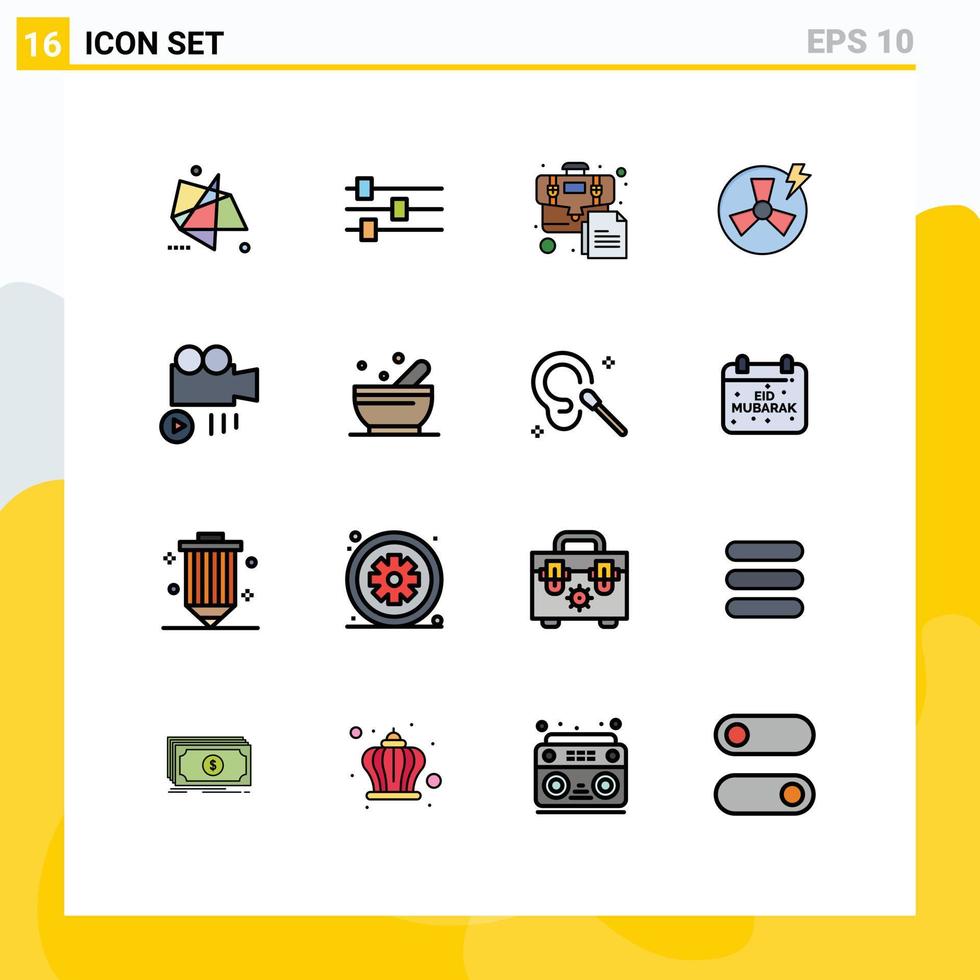 User Interface Pack of 16 Basic Flat Color Filled Lines of media factory bag energy fan Editable Creative Vector Design Elements