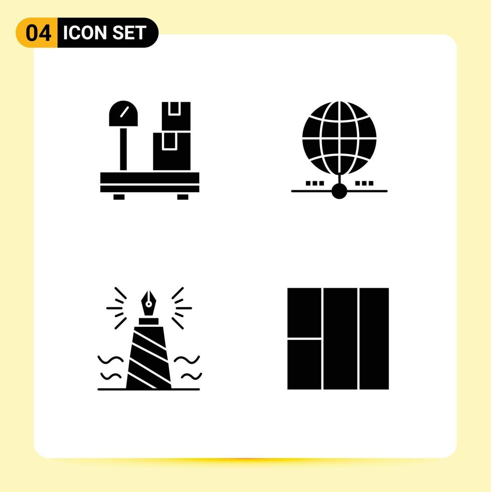 Modern Set of 4 Solid Glyphs and symbols such as box write earth data nib Editable Vector Design Elements
