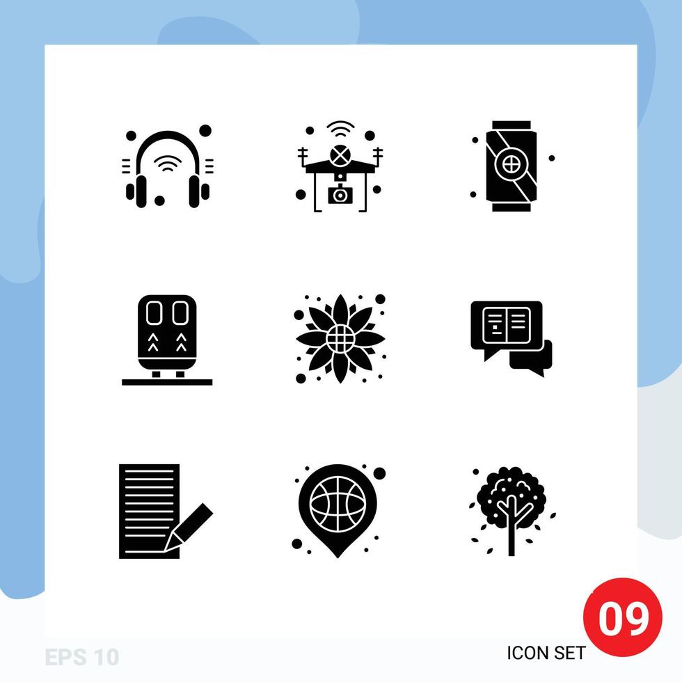 Universal Icon Symbols Group of 9 Modern Solid Glyphs of flower transportation wifi train back Editable Vector Design Elements