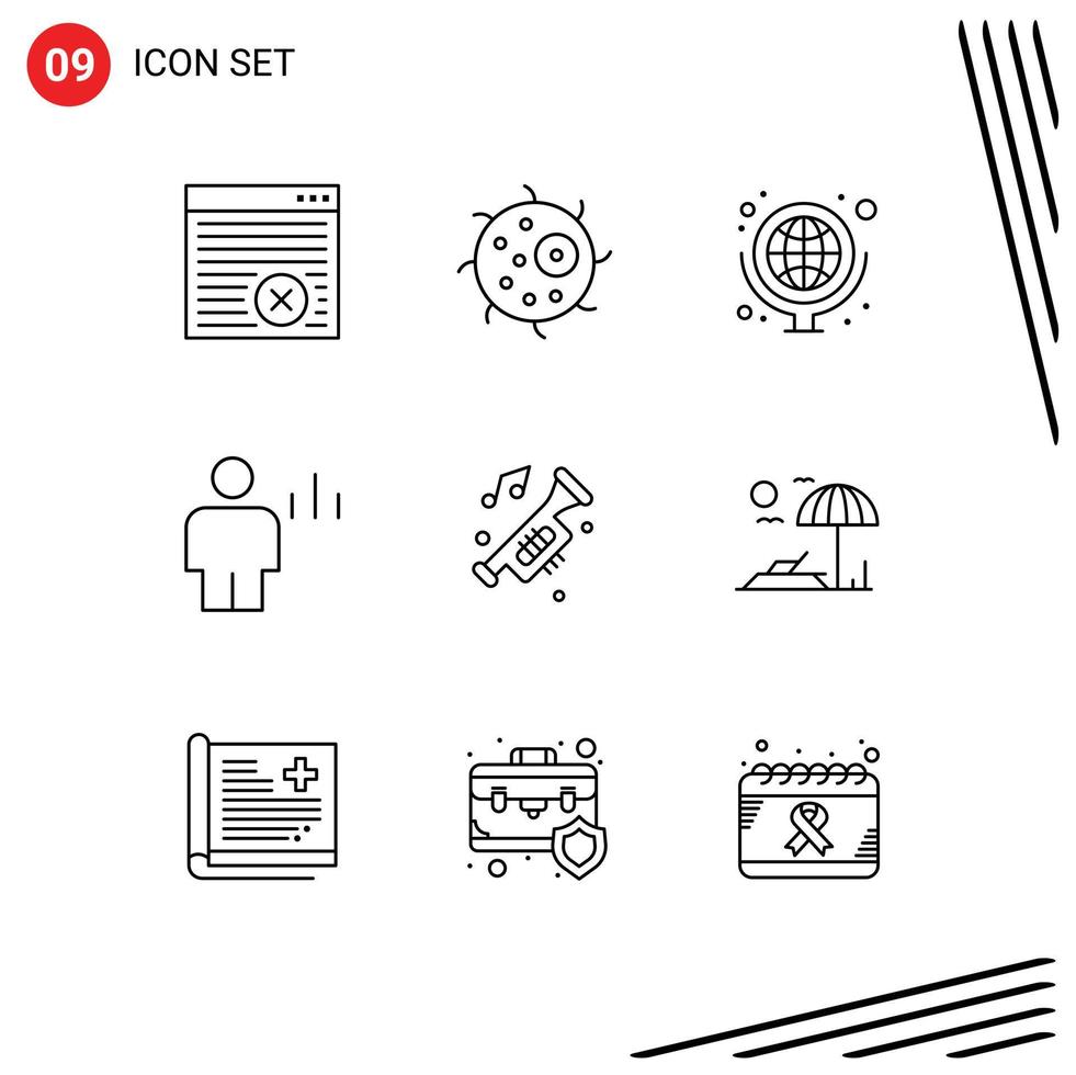 Pack of 9 creative Outlines of accessories graph geography body analytics Editable Vector Design Elements