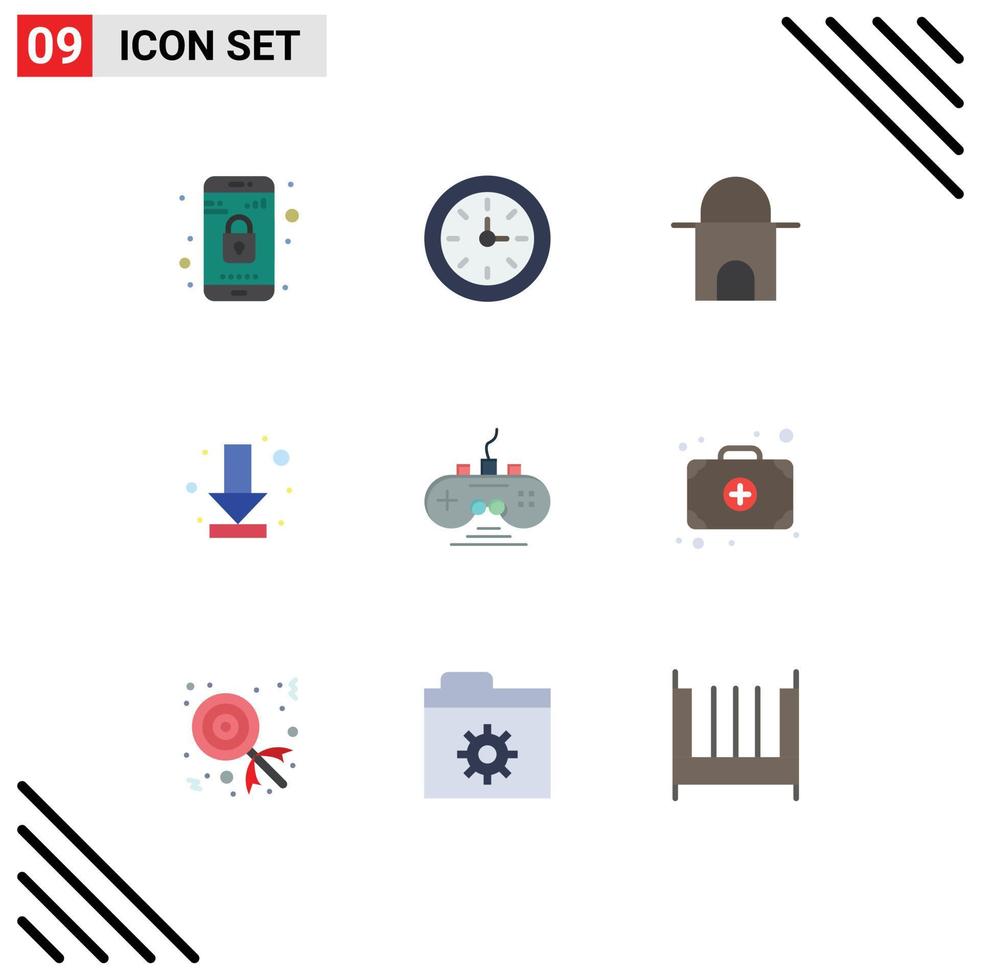 User Interface Pack of 9 Basic Flat Colors of game controller controller historical building full arrow Editable Vector Design Elements