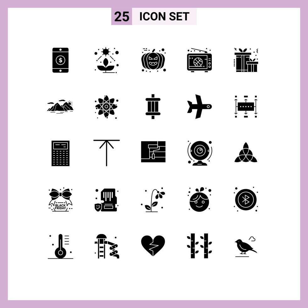 Editable Vector Line Pack of 25 Simple Solid Glyphs of present tv halloween match basketball Editable Vector Design Elements