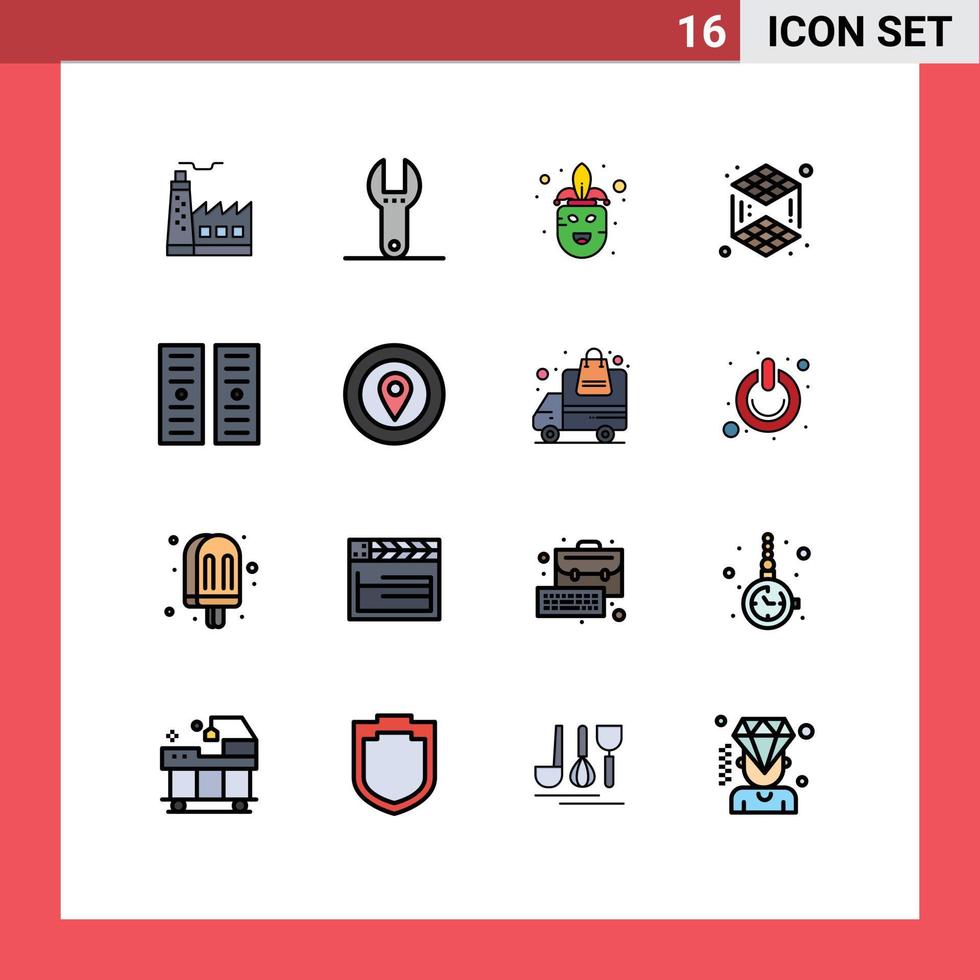 Pack of 16 Modern Flat Color Filled Lines Signs and Symbols for Web Print Media such as location hosting costume data center printing Editable Creative Vector Design Elements