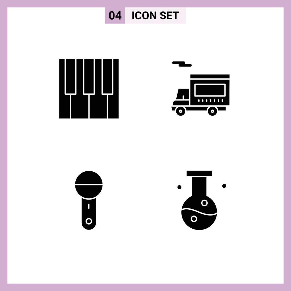 Group of 4 Modern Solid Glyphs Set for keyboard microphone transport vehicle technology Editable Vector Design Elements