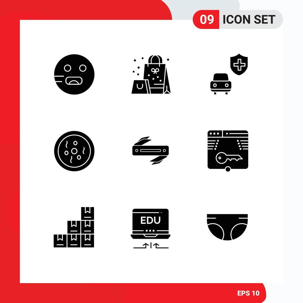 Set of 9 Vector Solid Glyphs on Grid for sharp knife car science dish Editable Vector Design Elements