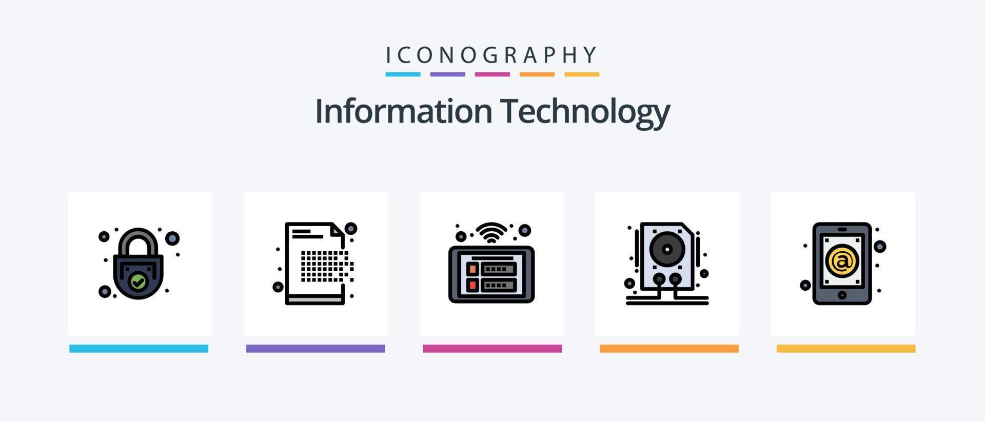 la línea de tecnología de la información llenó el paquete de 5 iconos, incluido el disco duro. datos. encriptación software. descargar. diseño de iconos creativos vector