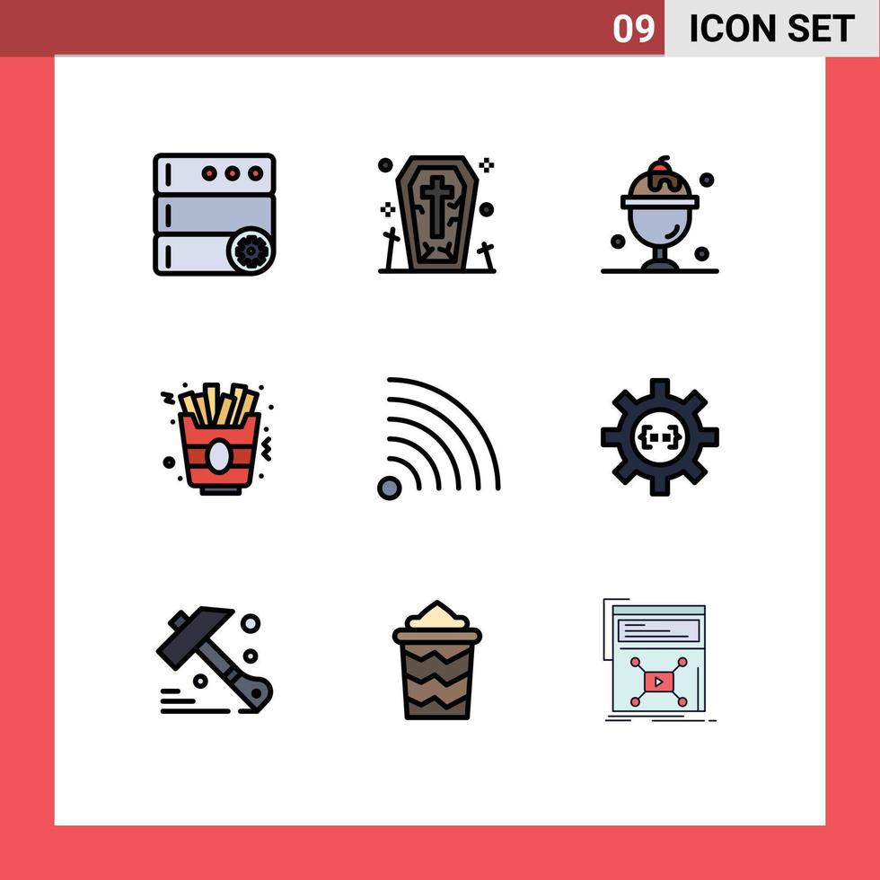 Mobile Interface Filledline Flat Color Set of 9 Pictograms of coding news ice cream feed food Editable Vector Design Elements