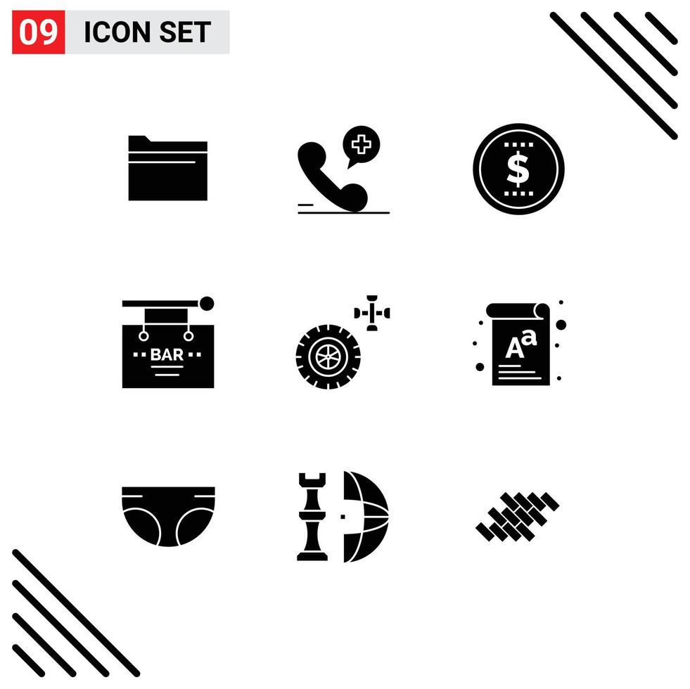 Pack of 9 Modern Solid Glyphs Signs and Symbols for Web Print Media such as service sign finance party birthday Editable Vector Design Elements