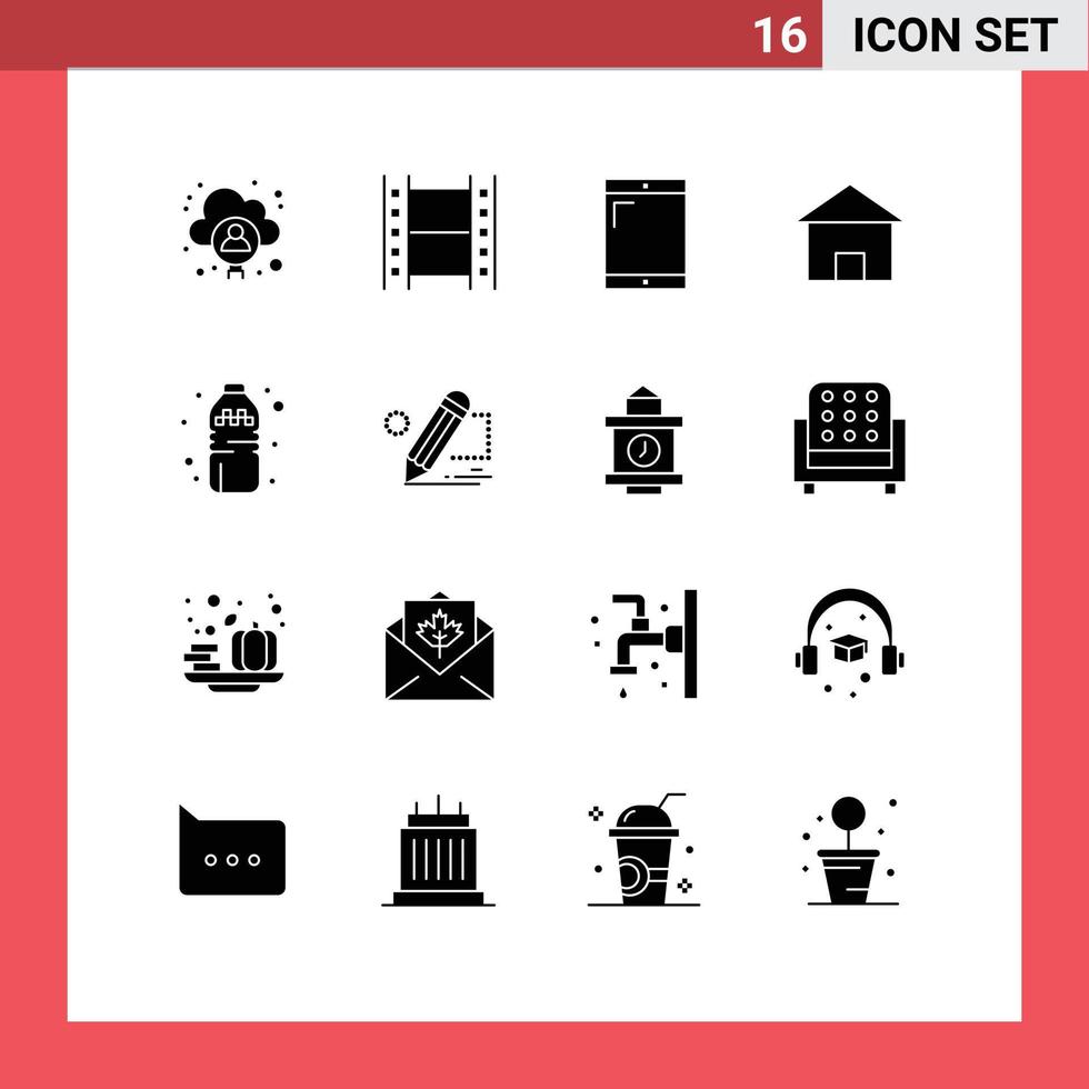 16 Thematic Vector Solid Glyphs and Editable Symbols of drink hut cellphone house cottage villa Editable Vector Design Elements