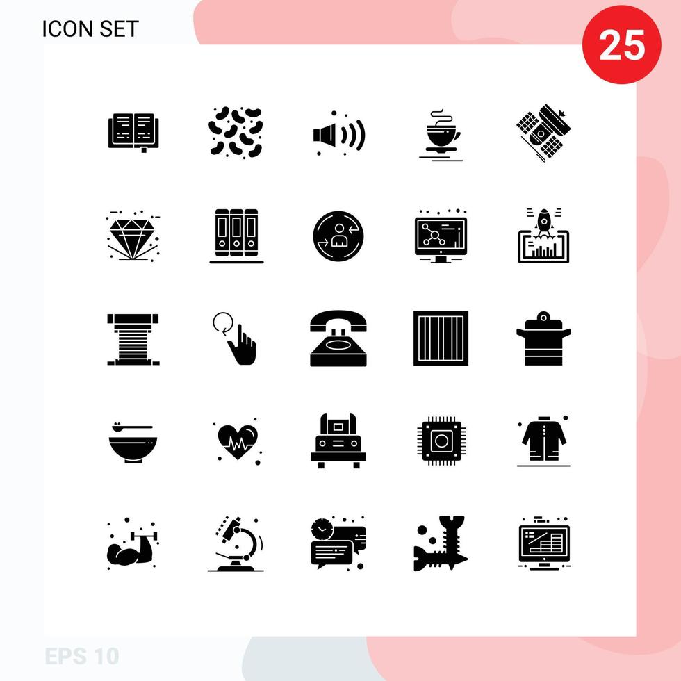 Pack of 25 Modern Solid Glyphs Signs and Symbols for Web Print Media such as telecommunication communication pollution broadcasting hotel Editable Vector Design Elements