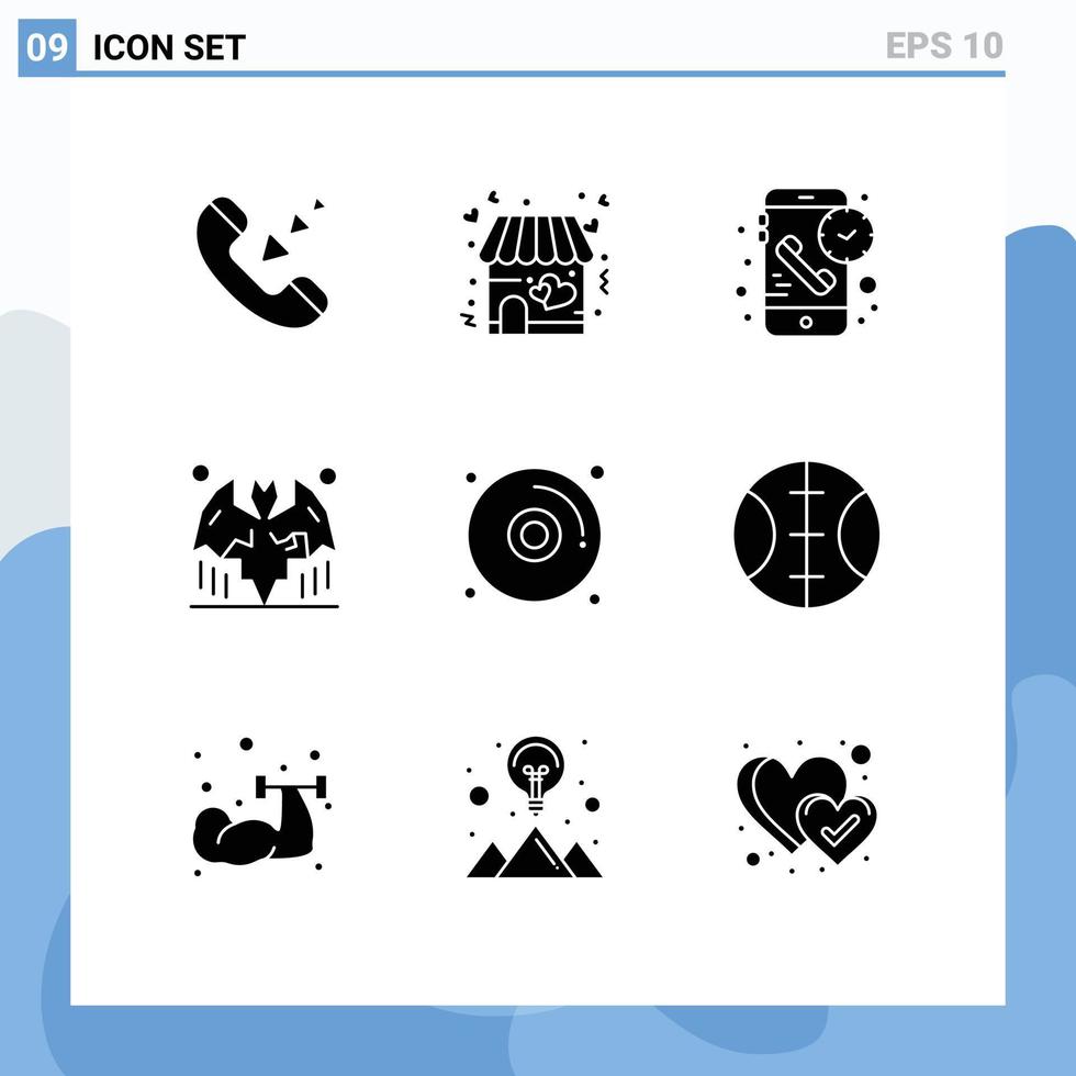 9 User Interface Solid Glyph Pack of modern Signs and Symbols of cd halloween call bats time Editable Vector Design Elements