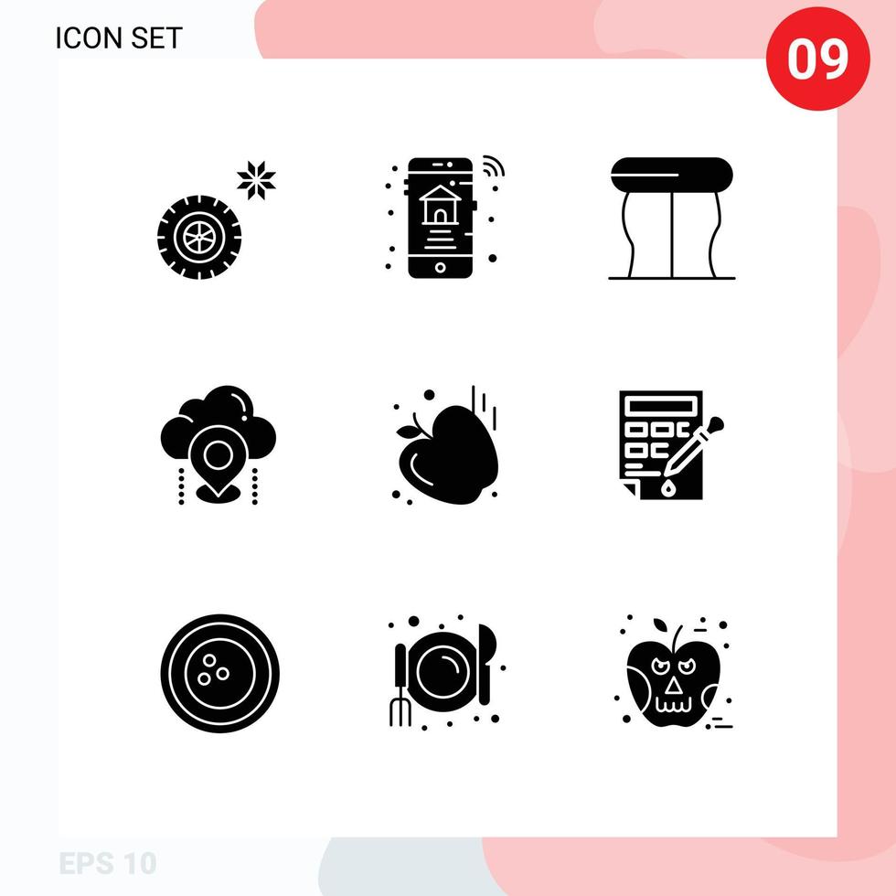 Set of 9 Vector Solid Glyphs on Grid for apple gym interior gps cloud Editable Vector Design Elements