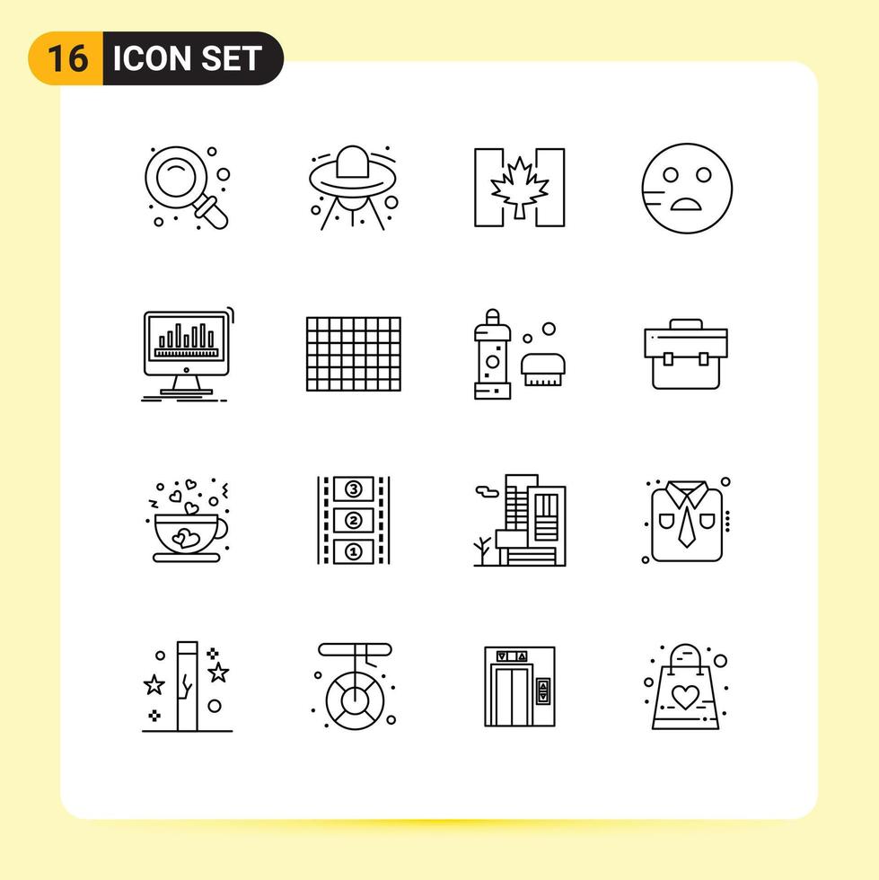 Modern Set of 16 Outlines Pictograph of dashboard analytics flag school sad Editable Vector Design Elements