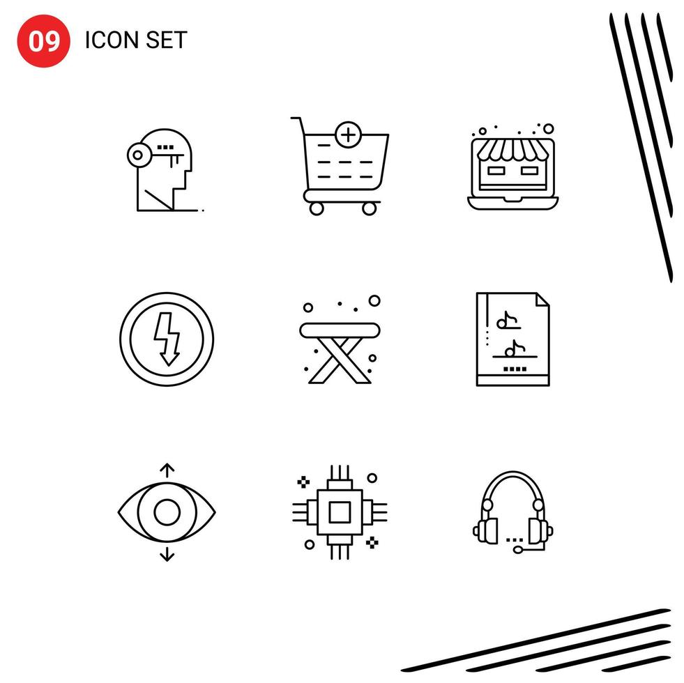 Pack of 9 Modern Outlines Signs and Symbols for Web Print Media such as table power laptop electricity charge Editable Vector Design Elements