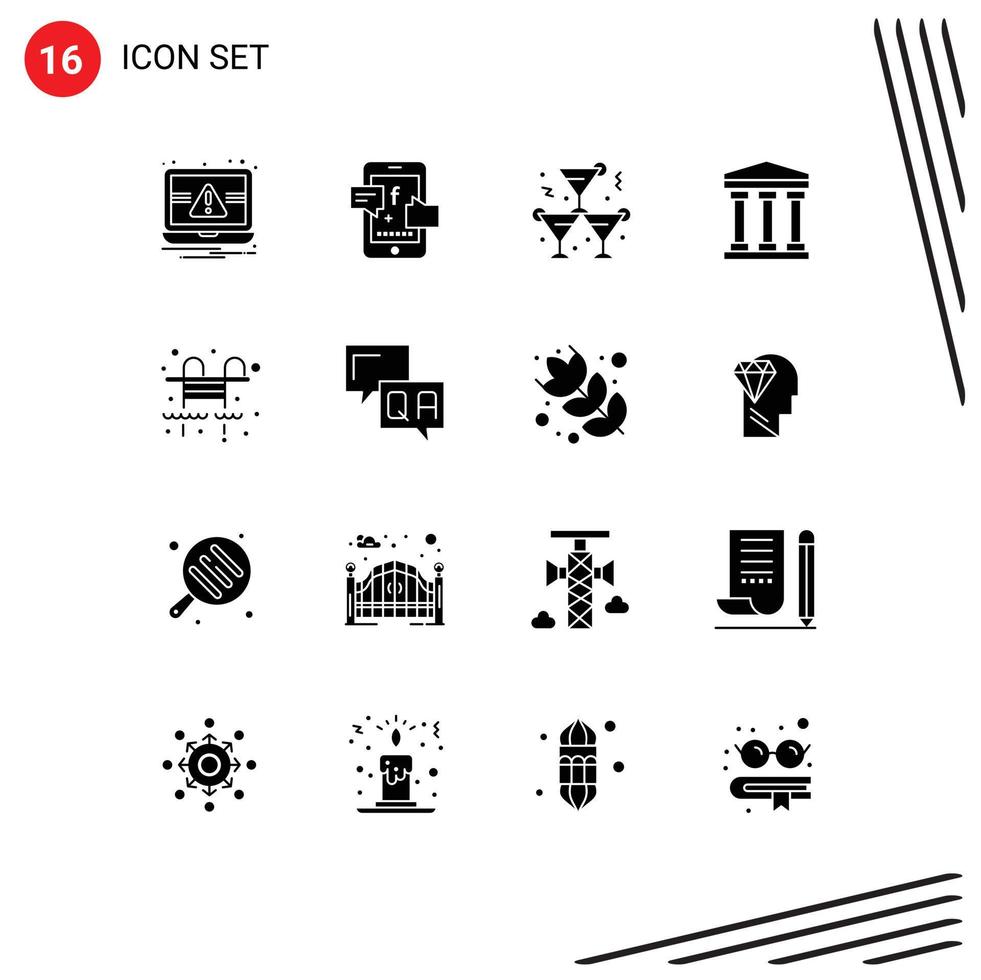 Pack of 16 creative Solid Glyphs of swimming pool city alcohol cash user Editable Vector Design Elements