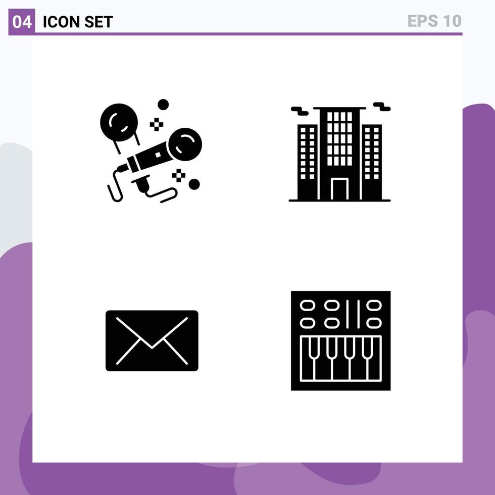 Pictogram Set of 4 Simple Solid Glyphs of karaoke mail singing place amplifier Editable Vector Design Elements