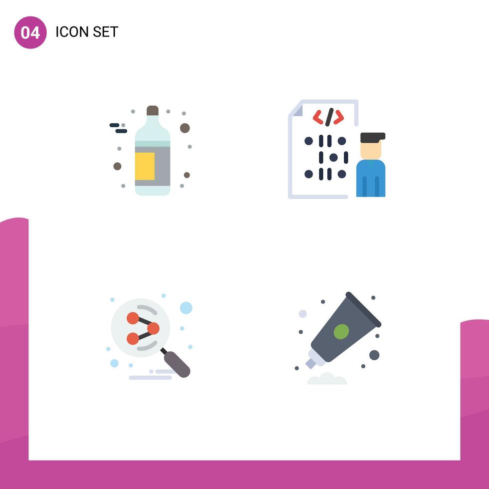 Pack of 4 creative Flat Icons of alcohol share coding programmer search engine Editable Vector Design Elements