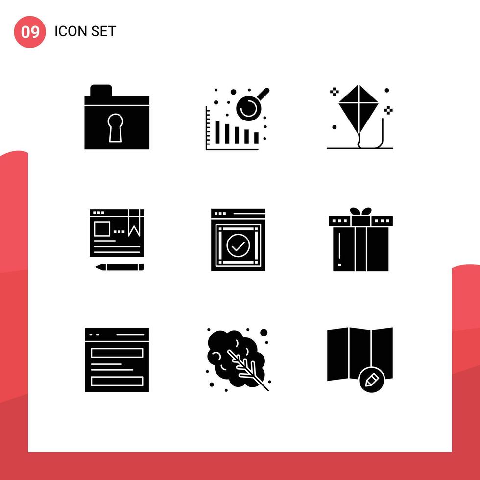 Pictogram Set of 9 Simple Solid Glyphs of web ready play message pen Editable Vector Design Elements
