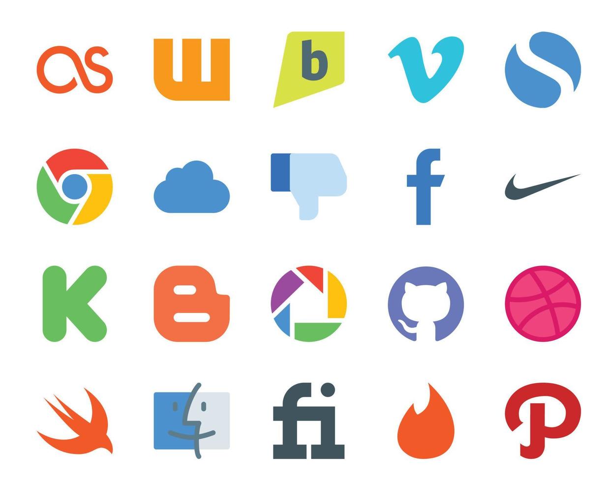 20 Social Media Icon Pack Including finder dribbble dislike github blogger vector