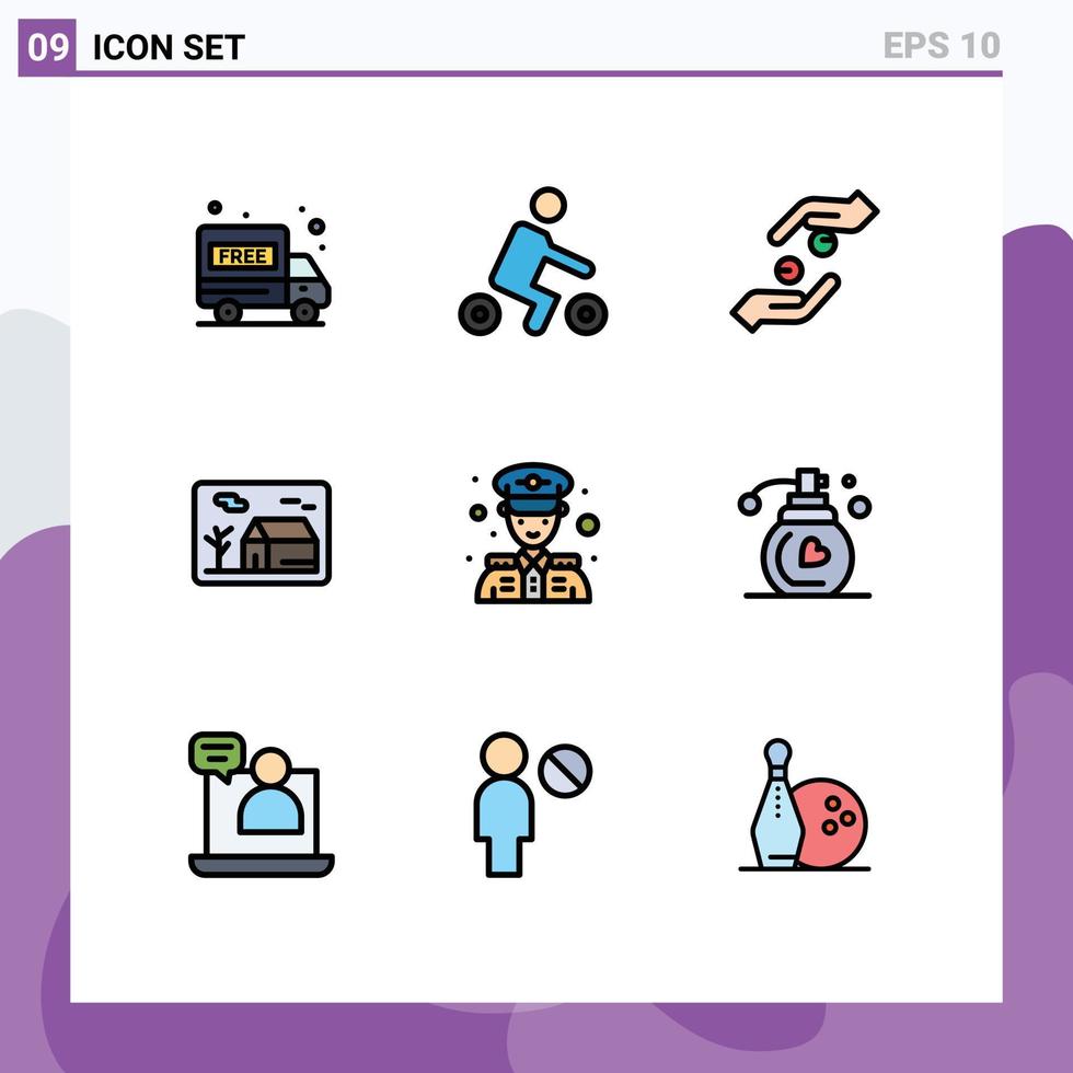 conjunto moderno de 9 colores planos y símbolos de línea de llenado, como elementos de diseño de vectores editables de propiedad de fe real de la policía