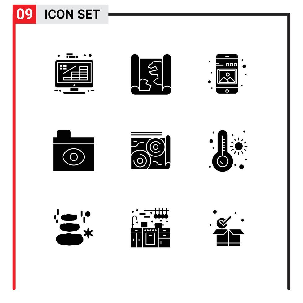 9 Thematic Vector Solid Glyphs and Editable Symbols of map eye point big brother phone Editable Vector Design Elements