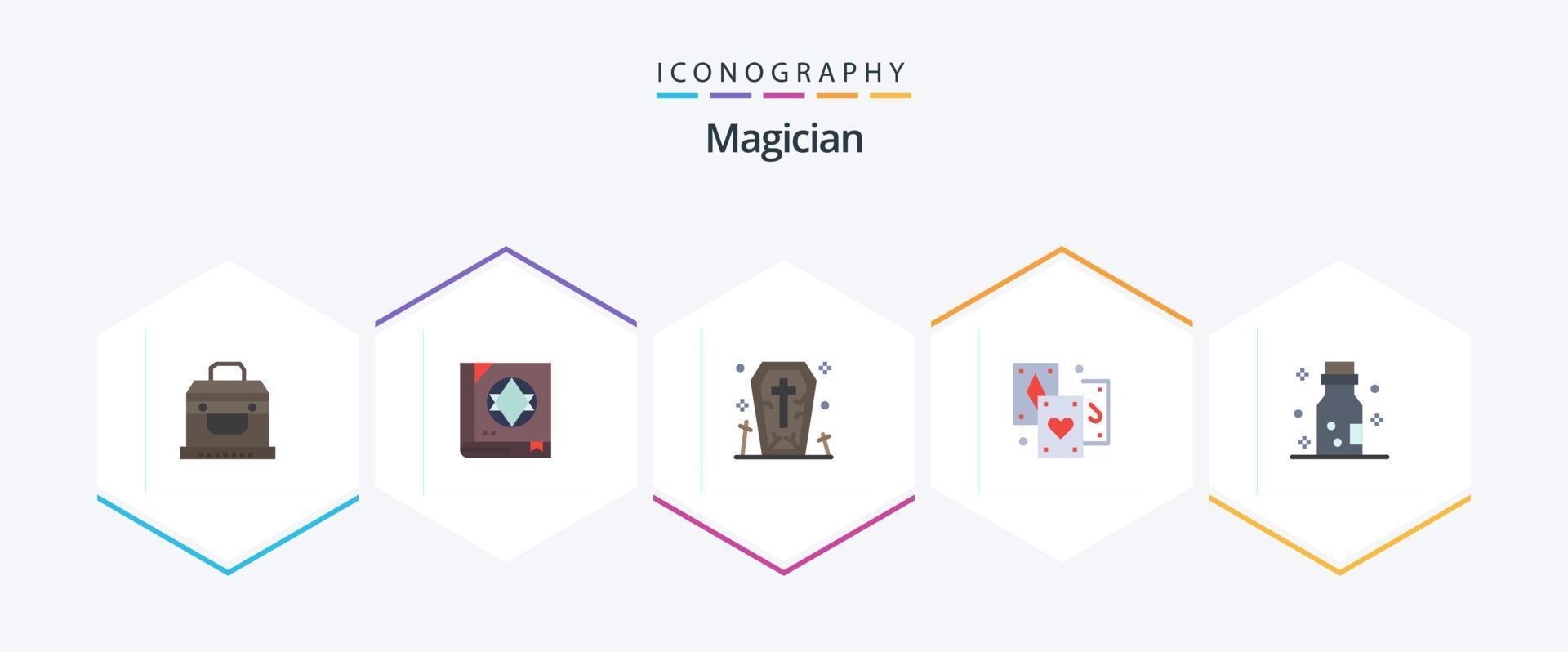 paquete de iconos planos de 25 magos que incluye química. tarot ataúd. magia. tarjeta vector