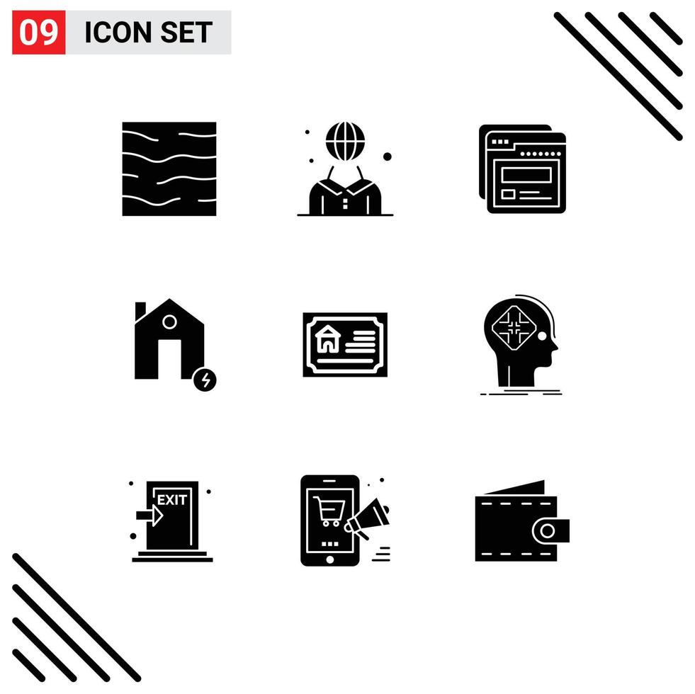 Group of 9 Modern Solid Glyphs Set for electricity buildings management battery web Editable Vector Design Elements
