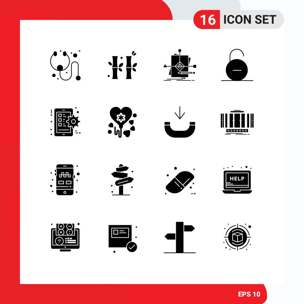 Pack of 16 Modern Solid Glyphs Signs and Symbols for Web Print Media such as gear secure business safety lock Editable Vector Design Elements