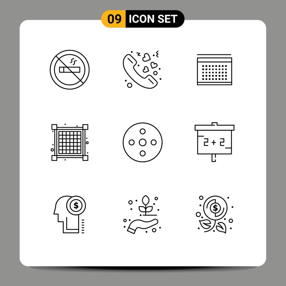 Modern Set of 9 Outlines Pictograph of storage footage vecation camera reel layout Editable Vector Design Elements