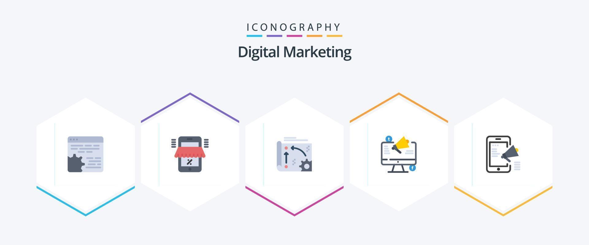 Digital Marketing 25 Flat icon pack including announcement. marketing. marketplace. api. setting vector