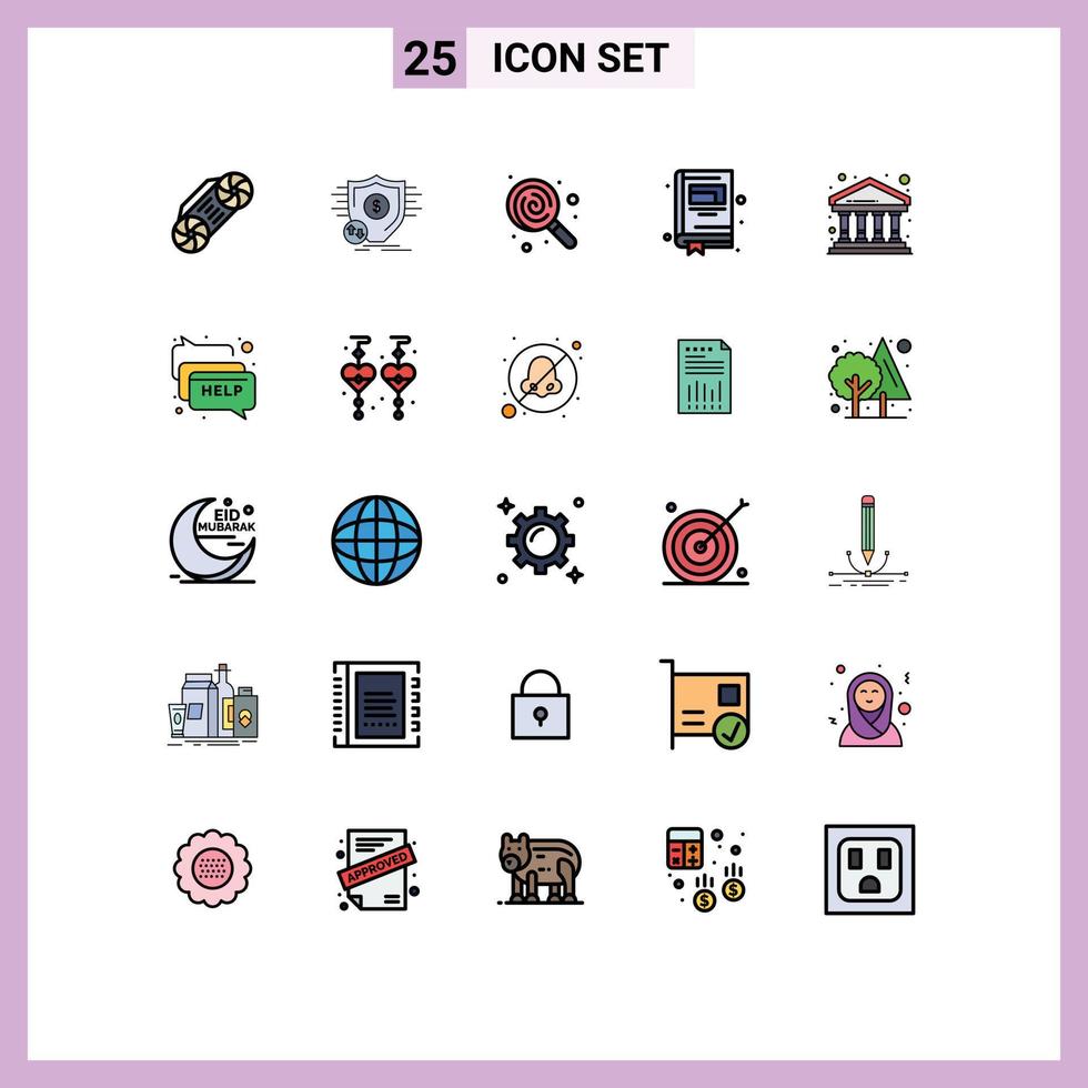 Universal Icon Symbols Group of 25 Modern Filled line Flat Colors of finance bank dessert notepad education Editable Vector Design Elements