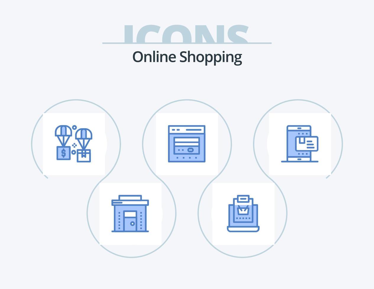 Online Shopping Blue Icon Pack 5 Icon Design. credit. card. shop. parachute. exchange vector